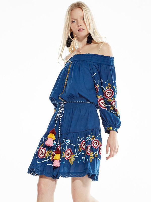 Embroidered Of-the-shoulder Bohemia Mini Dress