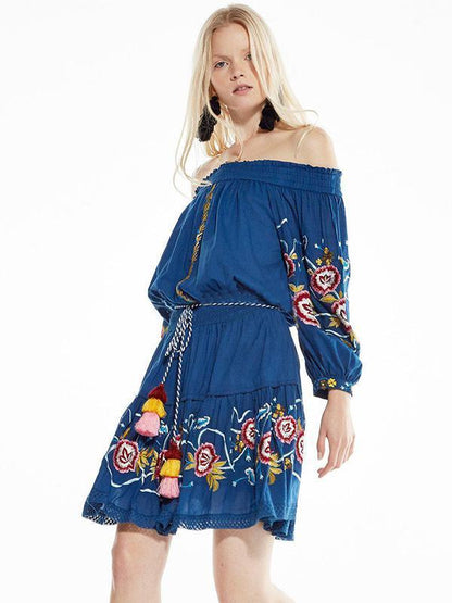 Embroidered Of-the-shoulder Bohemia Mini Dress