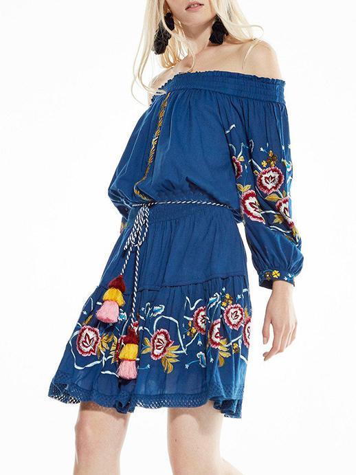Embroidered Of-the-shoulder Bohemia Mini Dress