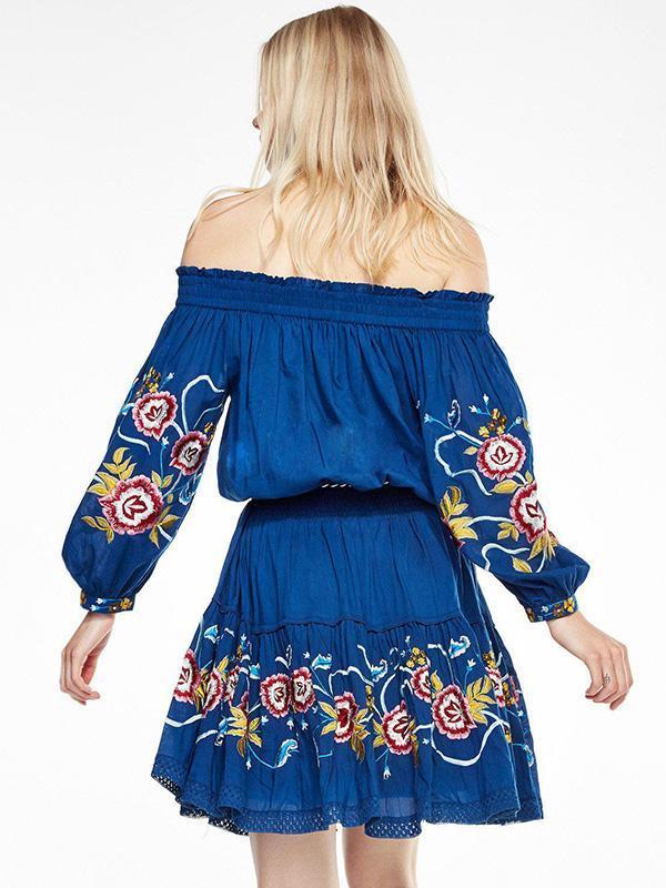 Embroidered Of-the-shoulder Bohemia Mini Dress