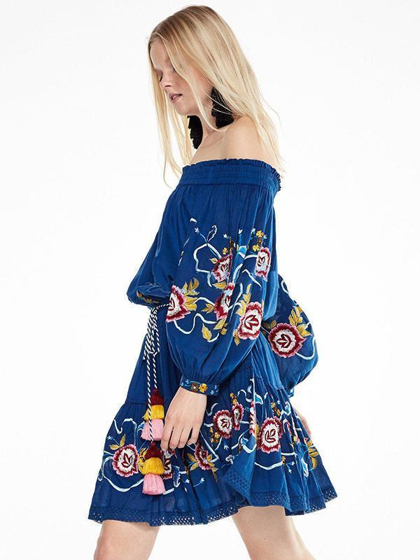 Embroidered Of-the-shoulder Bohemia Mini Dress