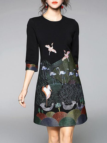 Elegant Bird Embroidered Mini Dress