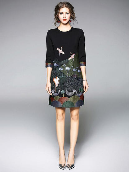 Elegant Bird Embroidered Mini Dress