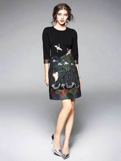 Elegant Bird Embroidered Mini Dress