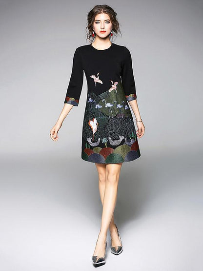 Elegant Bird Embroidered Mini Dress