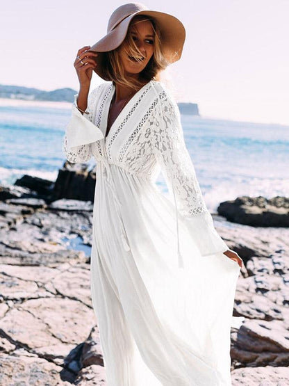 Lace V-neck Hollow Maxi Cover-Up Dress