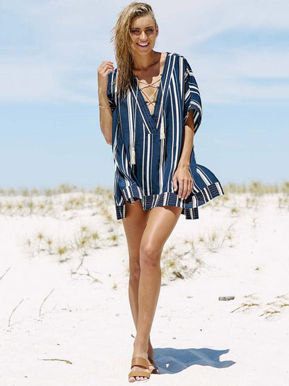 Stripes V-neck Cover-Ups Swimwear