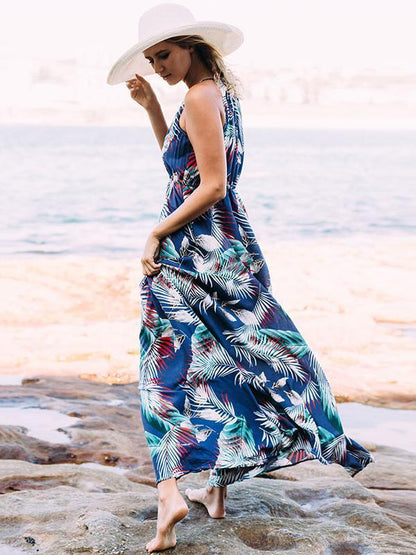 Floral Printed Spaghetti V-neck Beach Maxi Dress