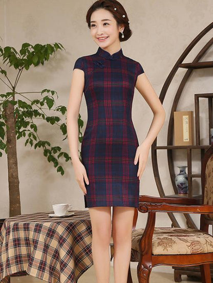 Red&Green Plaid Short Cheongsam Dress