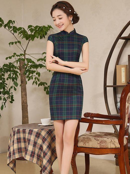Red&Green Plaid Short Cheongsam Dress