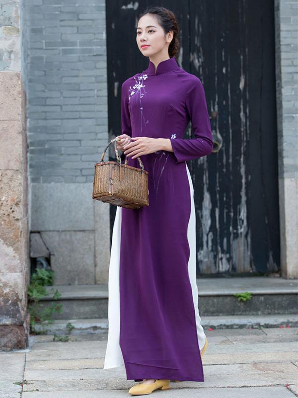 Traditional Chinese Split-side Long Dress in Purple Color