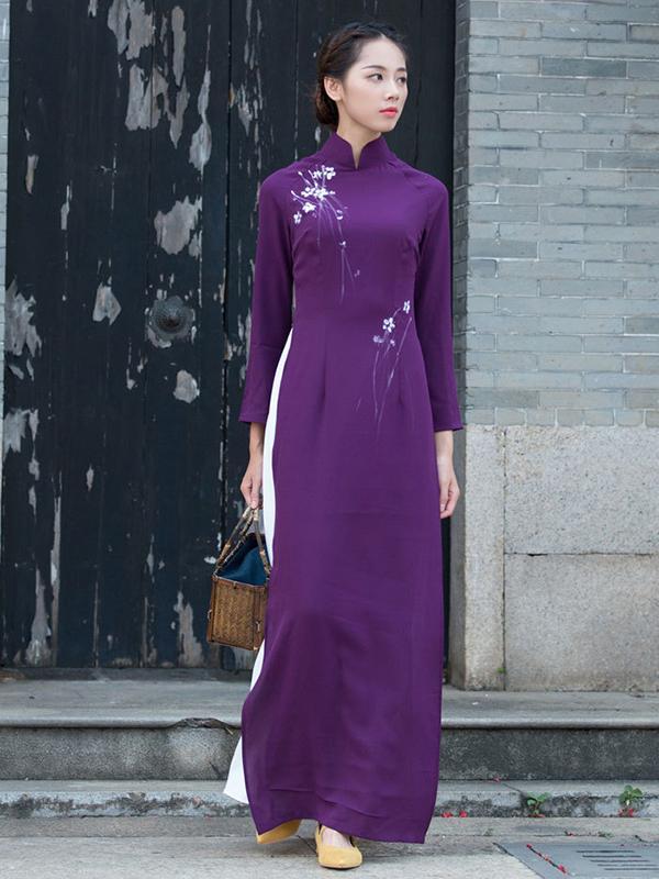 Traditional Chinese Split-side Long Dress in Purple Color