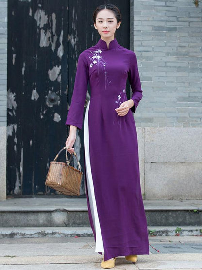 Traditional Chinese Split-side Long Dress in Purple Color