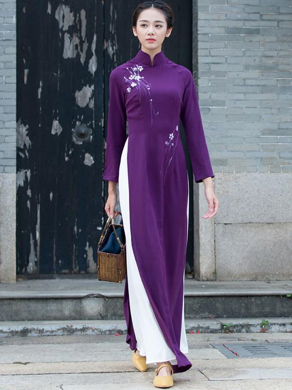 Traditional Chinese Split-side Long Dress in Purple Color