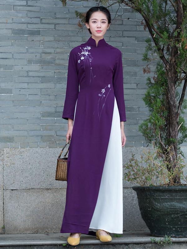 Traditional Chinese Split-side Long Dress in Purple Color