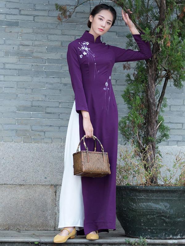 Traditional Chinese Split-side Long Dress in Purple Color