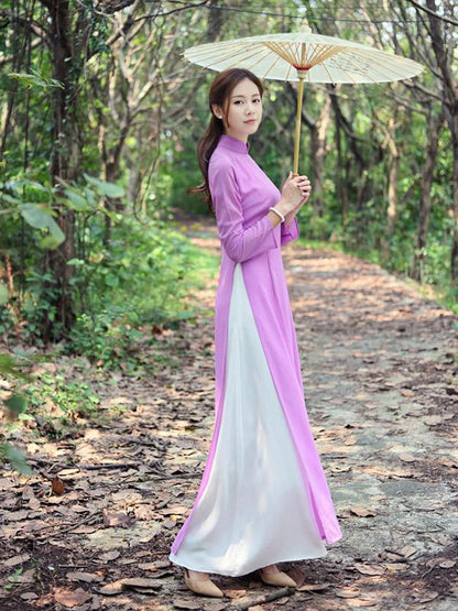 Tradition Purple Long Cheongsam Ao Dai