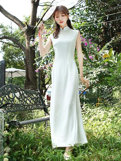 White Tradition Sleeveless Cheongsam Ao Dai