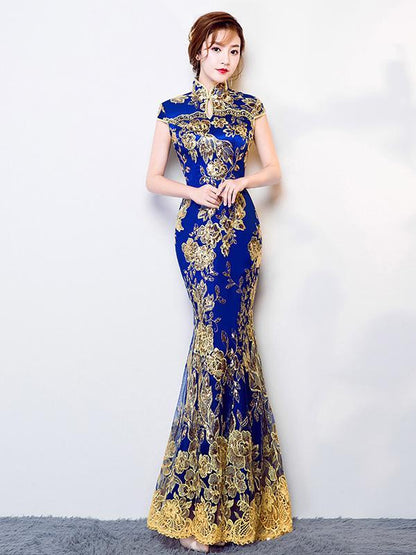 Chinese Traditional Mermaid Evening Dress in Blue Color with Floral Print