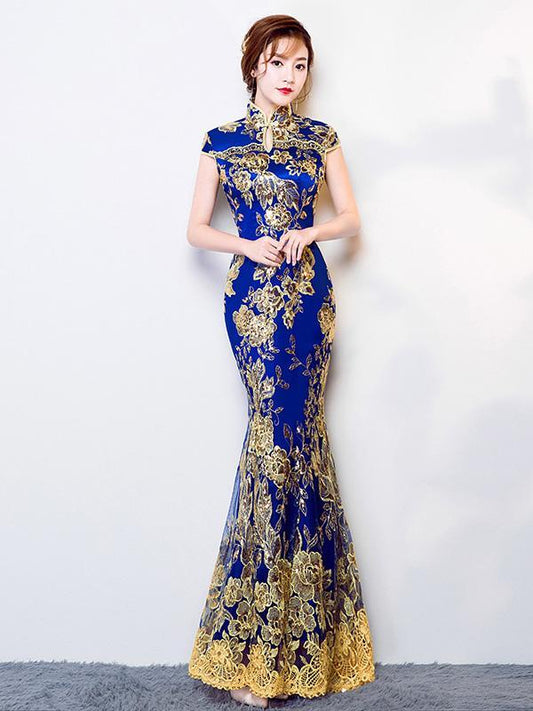 Chinese Traditional Mermaid Evening Dress in Blue Color with Floral Print