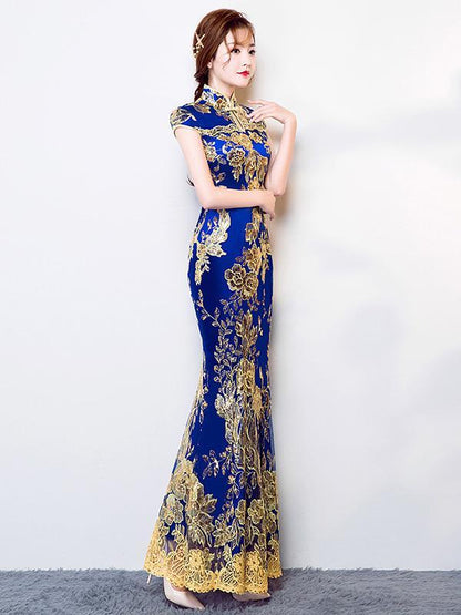 Chinese Traditional Mermaid Evening Dress in Blue Color with Floral Print