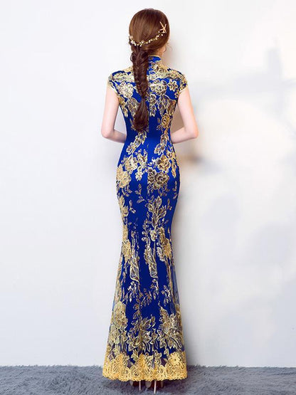 Chinese Traditional Mermaid Evening Dress in Blue Color with Floral Print