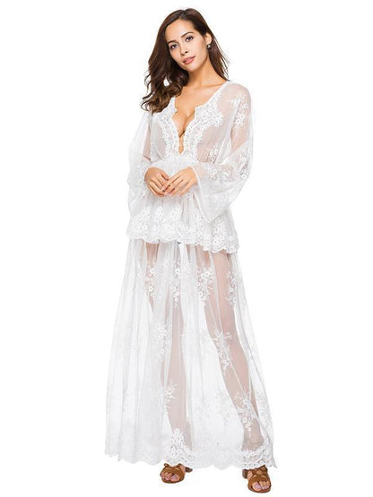 Lace Falbala Deep V-neck Evening Dress