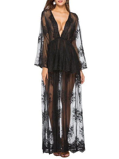 Lace Falbala Deep V-neck Evening Dress