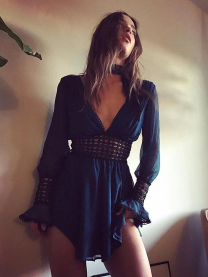 Hollow Deep V-neck Backless Mini Dress