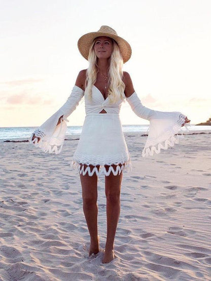 Lacy Split-joint Spaghetti-neck Mini Dress