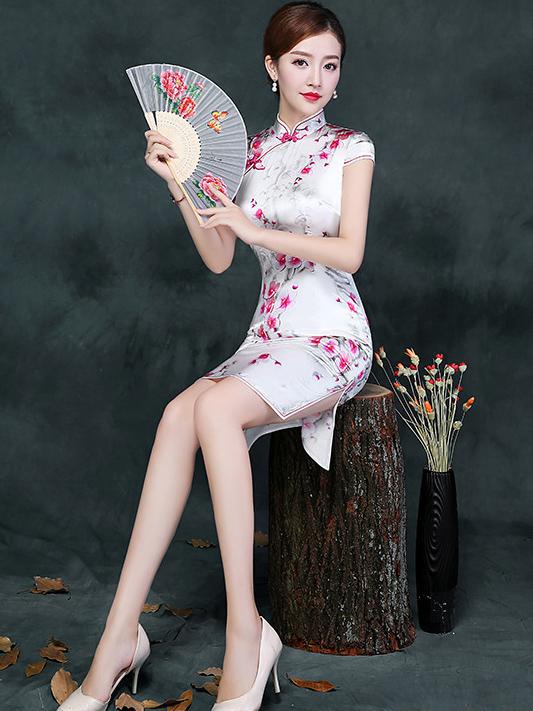 White Plum Blossom Short Cheongsam Dress