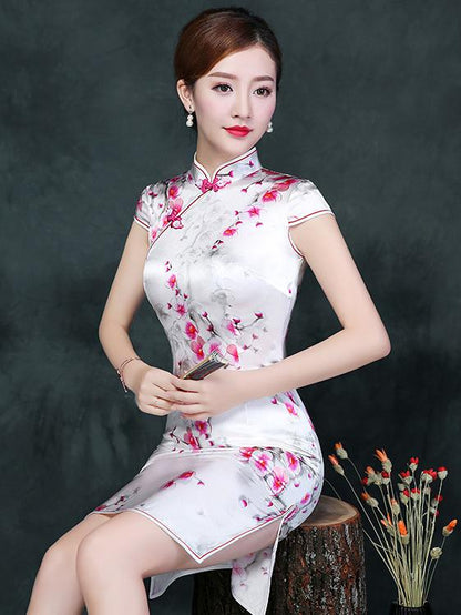 White Plum Blossom Short Cheongsam Dress