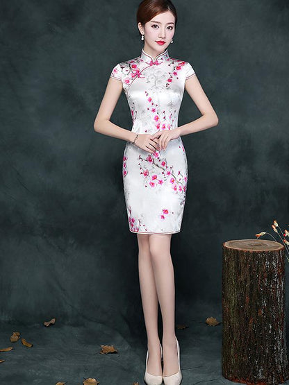White Plum Blossom Short Cheongsam Dress