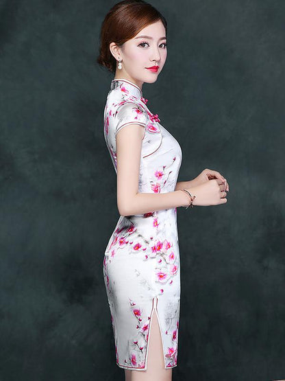 White Plum Blossom Short Cheongsam Dress