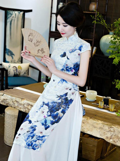 Chinese Traditional Silk Cheongsam Dress with Flower Print