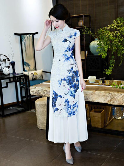 Chinese Traditional Silk Cheongsam Dress with Flower Print