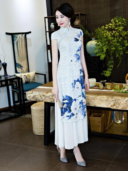 Chinese Traditional Silk Cheongsam Dress with Flower Print