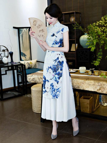 Chinese Traditional Silk Cheongsam Dress with Flower Print
