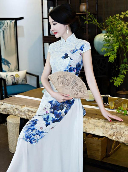 Chinese Traditional Silk Cheongsam Dress with Flower Print