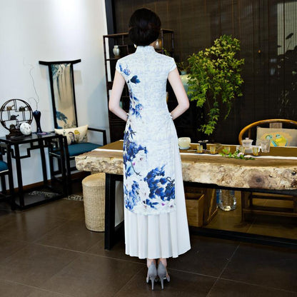 Chinese Traditional Silk Cheongsam Dress with Flower Print