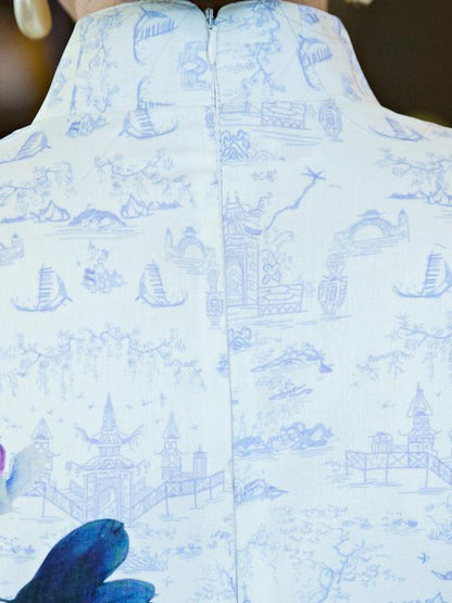 Chinese Traditional Silk Cheongsam Dress with Flower Print