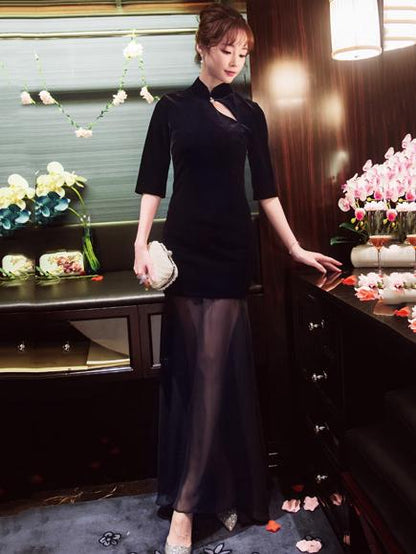 Black Velvet Long Cheongsam Evening Dress