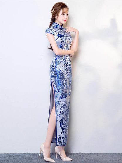 Tradition Blue Long Cheongsam Evening Dress
