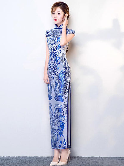 Tradition Blue Long Cheongsam Evening Dress