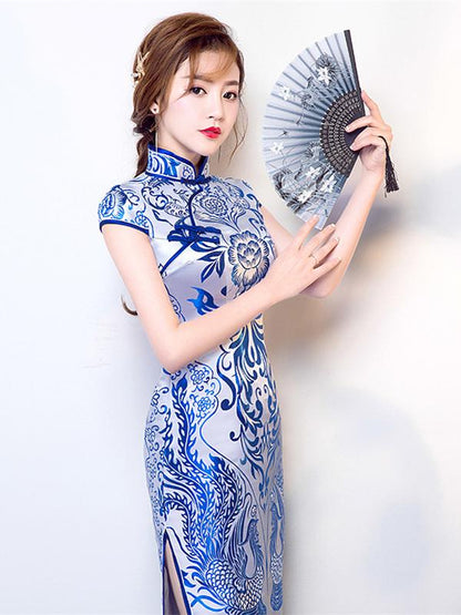 Tradition Blue Long Cheongsam Evening Dress