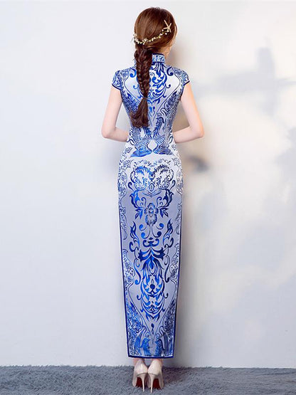Tradition Blue Long Cheongsam Evening Dress