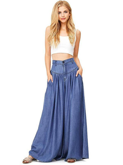 Simple Solid Color Big Hem Wide Leg Bottom Casual Pants
