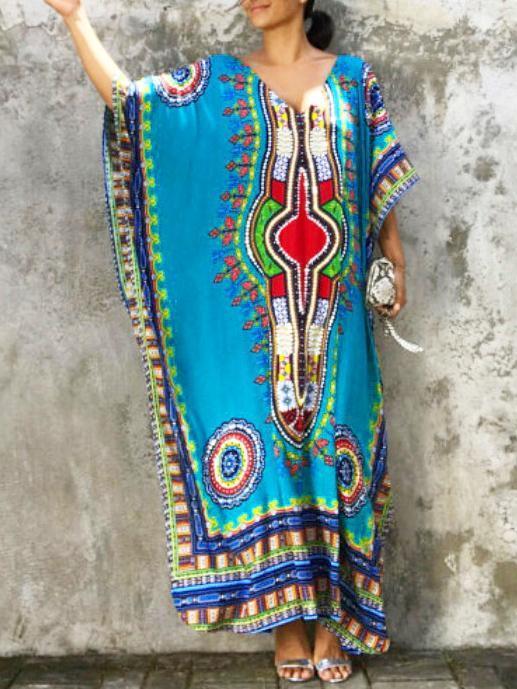 Elegant V-neckline Short Sleeves Maxi Print Bohemia Dress