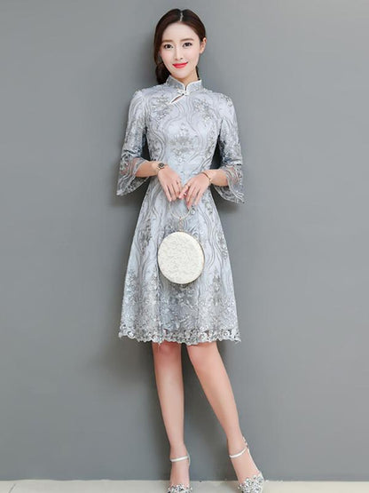 Gray Lace Flared Sleeves Short Cheongsam
