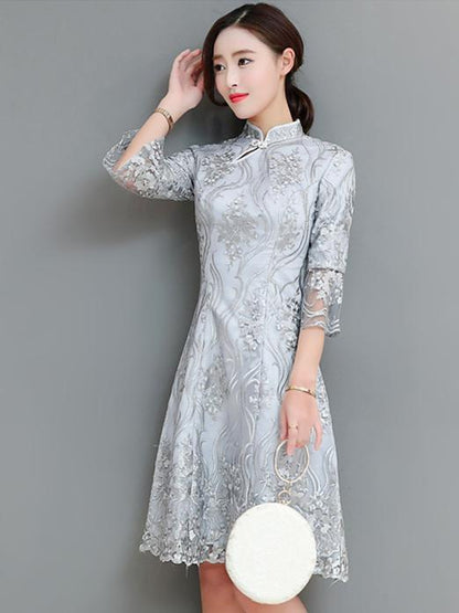 Gray Lace Flared Sleeves Short Cheongsam